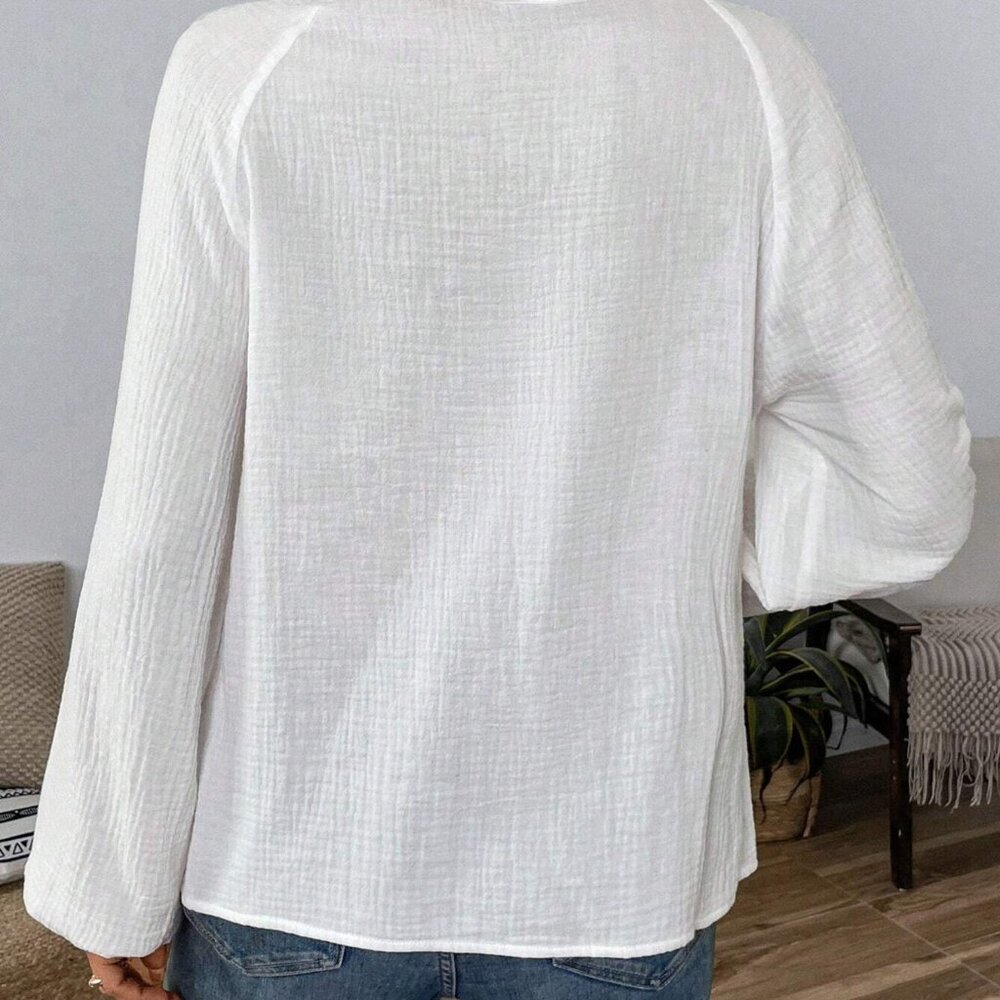 Paisley Pattern Notched Long Sleeve Blouse - Picture 6 of 6